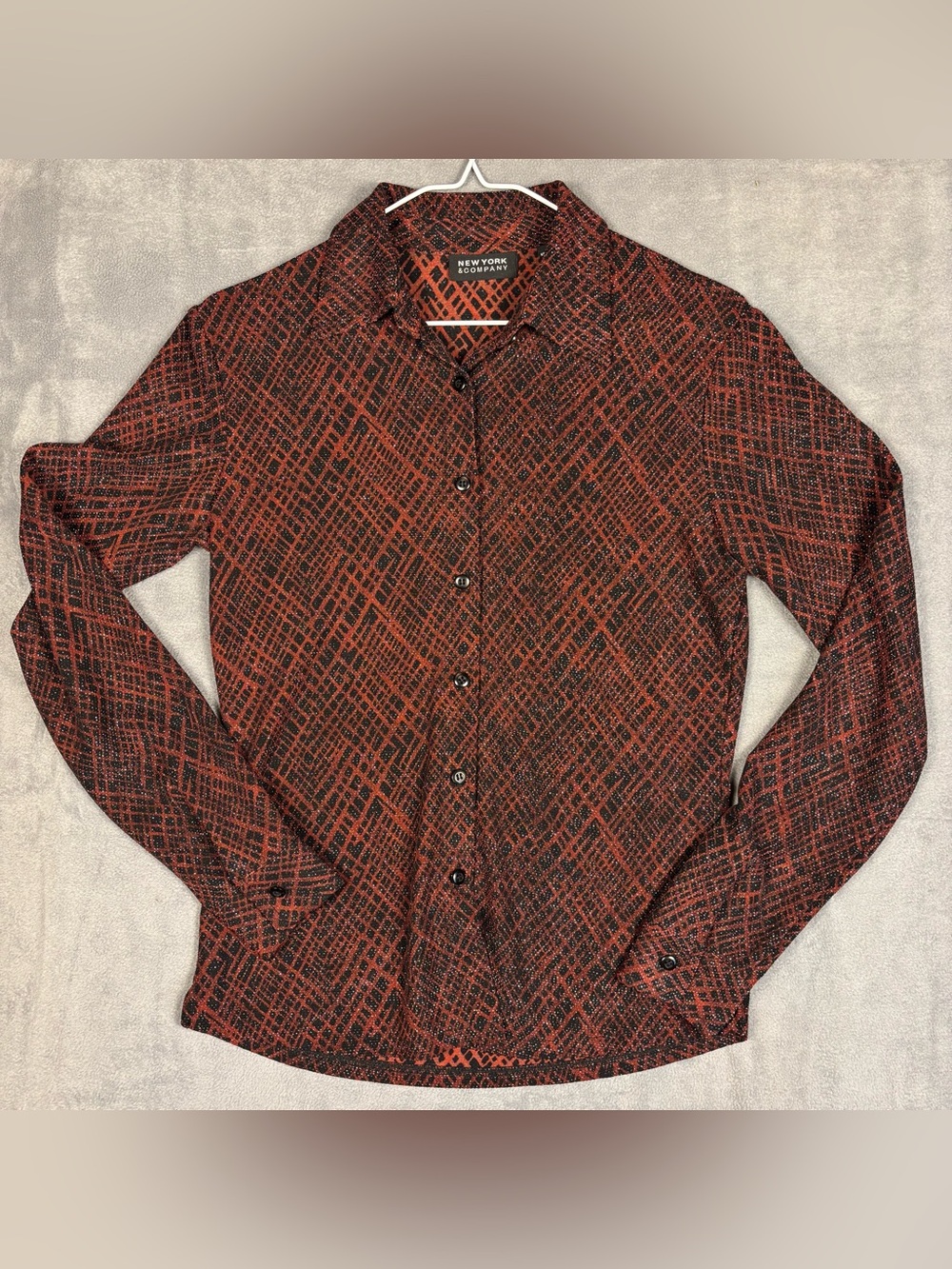 NY&Co Vintage Y2K Metallic Shimmer Shirt‎ XS Rust Black Button Front Long Sleeve